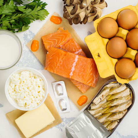 Assortment of foods rich in Vitamin D, including salmon, eggs, and cheese.